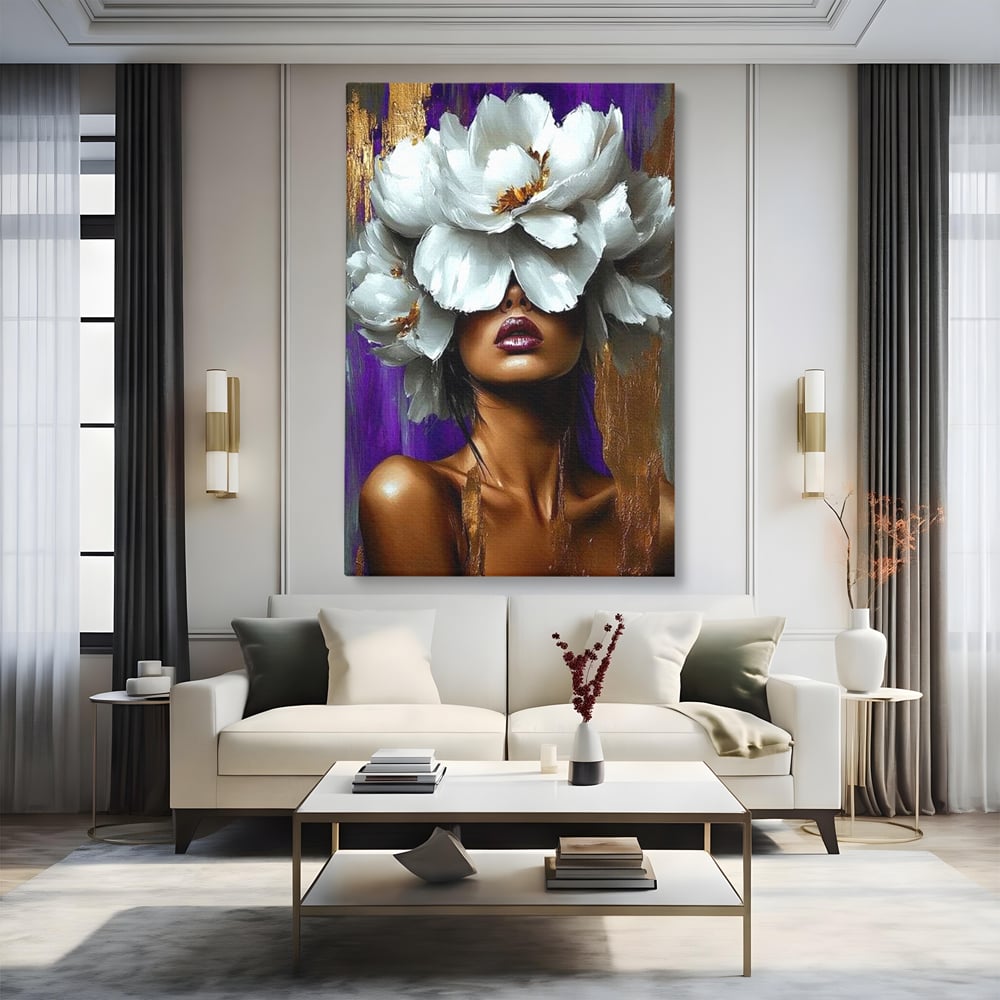 Tablou canvas cu tablou canvas cu femeie si flori albe, fara rama, pe sasiu de lemn, pe perete intr-un living